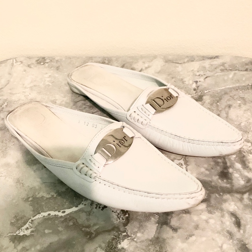 Christian Dior White Leather Slip-On Mules